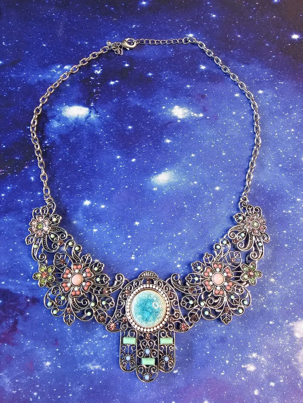 Hamsa Statement Necklace with Turquoise And Pink Accents
